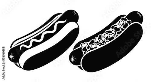 Two hotdogs with toppings depicted in a striking black silhouette
