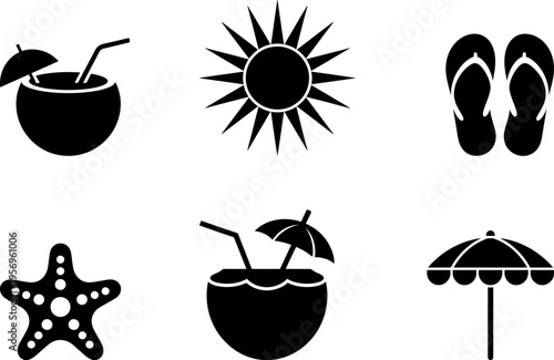 Vibrant icons representing a tropical beach vacation theme