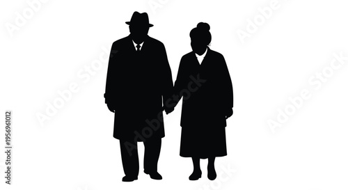 Elderly couple holding hands a striking black form silhouette