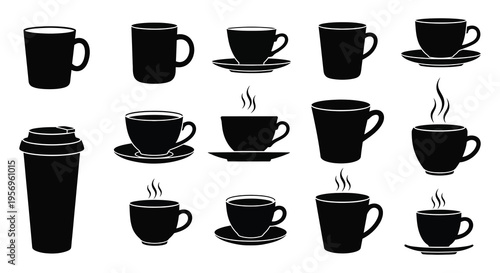 Variety of black coffee cups and tea vessels in a dark silhouette