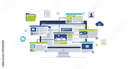 Website Development and Design Concept with UI Elements and Cloud Integration
