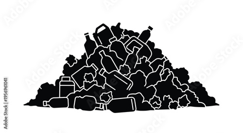 A large pile of discarded trash and plastic waste silhouette