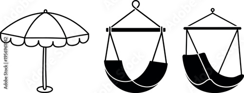 Relaxation items including a beach umbrella and two hanging hammock chairs