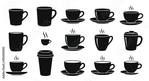 Collection of black coffee and tea cups in a minimalist silhouette