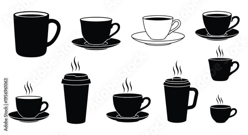 Variety of coffee and tea cups shown in a black silhouette