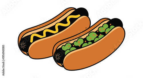 Two cartoon hot dogs with toppings a delightful food illustration silhouette