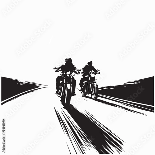 Two Motorcycle Riders Racing On Road Silhouette Vector Illustration
