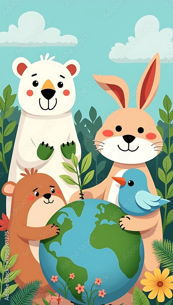 Naklejka premium Flat illustration of cute animals planting trees, recycling, holding earth, eco-friendly lifestyle concept