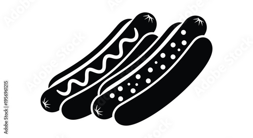 Three hot dogs stacked together a striking black silhouette