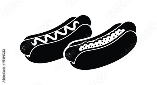 Two hotdogs with toppings depicted in a striking black silhouette