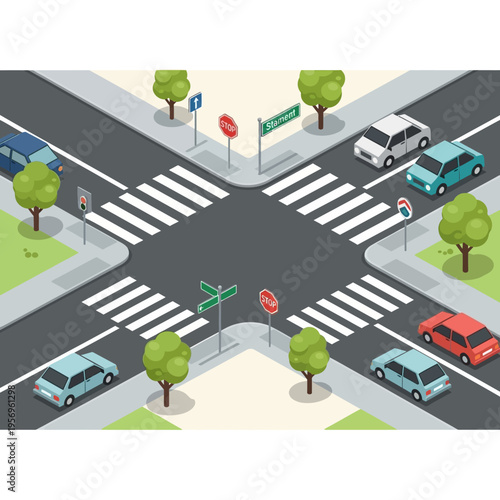 Isometric City Intersection with Cars and Pedestrian Crosswalks