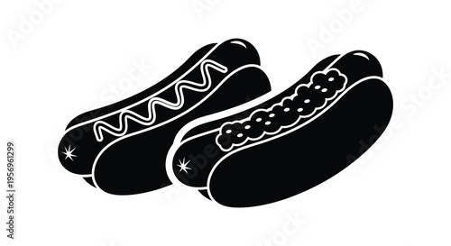 Two hot dogs with toppings are displayed in black silhouette