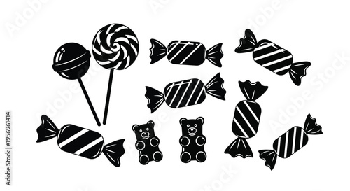 Assorted black candies and sweets illustrated as a striking silhouette