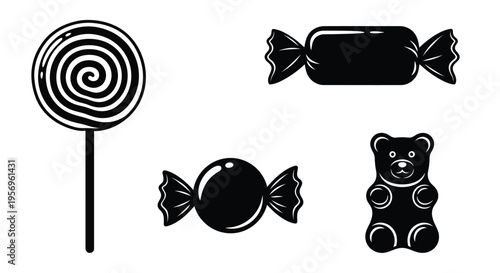 Black and white sweets collection including a gummy bear silhouette