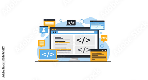 Web Development Concept: Coding, Programming, Software, UI Design, CMS, Laptop, Desktop