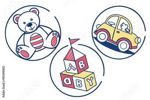 Colorful of baby toys and blocks teddy bear toy car