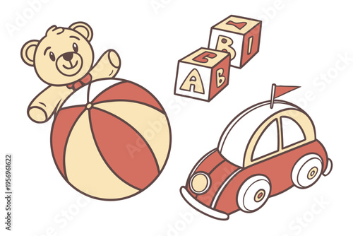 Of a teddy bear and baby toys toy car beach ball alphabet blocks