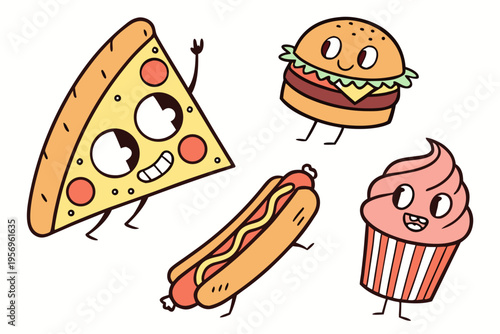 Cartoon fast food characters smiling and waving pizza