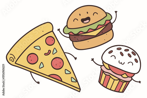 Cartoon food with smiling faces on white background pizza burger