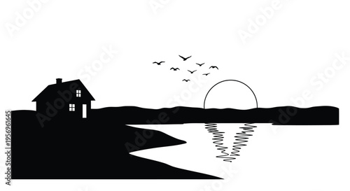 Simple lakeside house and birds under a setting sun silhouette
