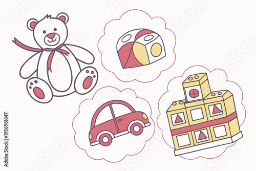 Childish thoughts with toys and teddy bear toy car building blocks puzzle thought bubbles