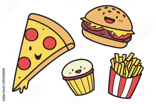 Cartoon fast food characters smiling pizza hamburger