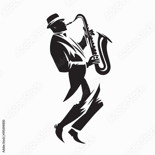 Vintage Jazz Musician Playing Saxophone Silhouette Vector On White Background
