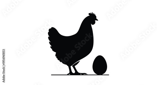 A black silhouette of a hen standing near an egg silhouette