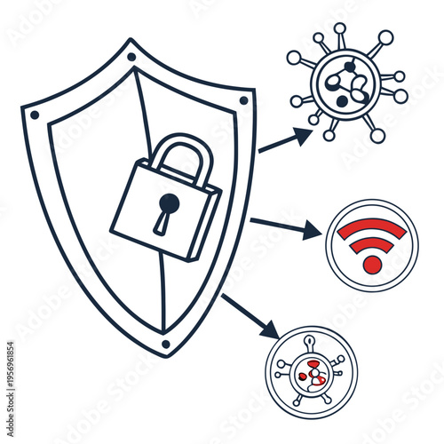 Shield with lock and virus protection on white cybersecurity safety