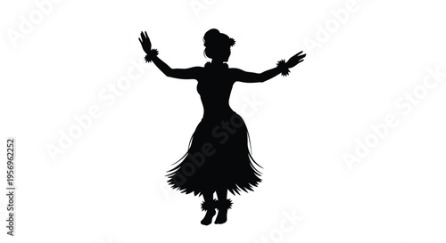 Hawaiian dancer in traditional attire gracefully posed in silhouette