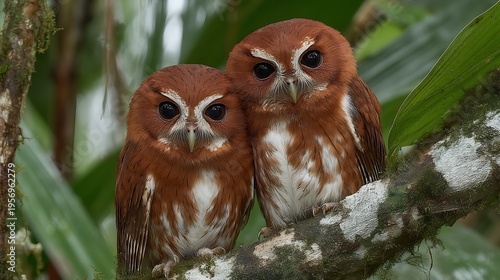 Two brown owls on branch together.