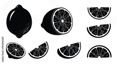 Black and white illustrations of various lemon forms a striking silhouette