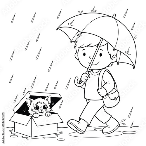 A cartoon boy holding an umbrella walking in the rain with a scared kitten in a box