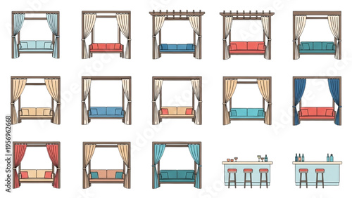 Collection of diverse outdoor cabanas, pergolas, and bar counters, perfect for leisure and recreation spaces