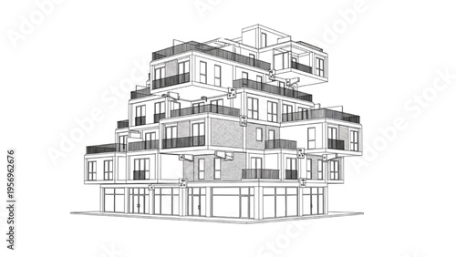 Detailed architectural line art of a modern, multi-story building with dynamic stacked design, perfect for urban living concepts