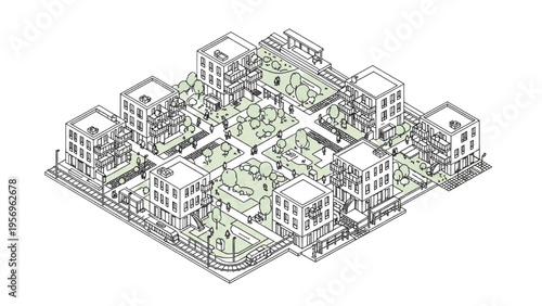 Conceptual isometric illustration of a sustainable urban block featuring green spaces and modern architecture