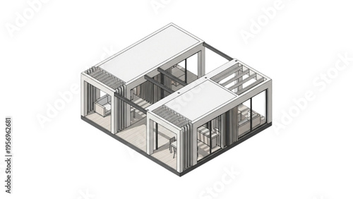 Isometric architectural blueprint of a contemporary modular living unit with open layout and sustainable design concept