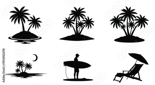 Tropical island scenes with a surfer and beach chair silhouette