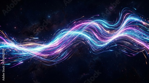 Abstract glowing neon light waves flowing through a dark cosmic background