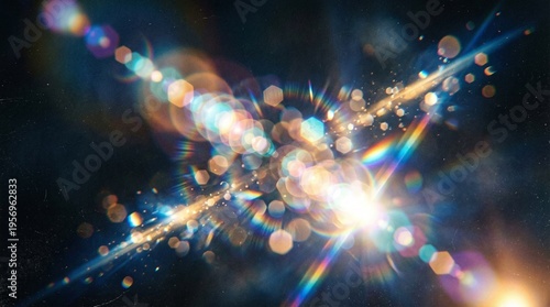 Abstract cinematic lens flare with prismatic light burst and bokeh on dark background
