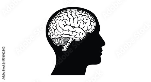 Human head profile containing a detailed brain black silhouette