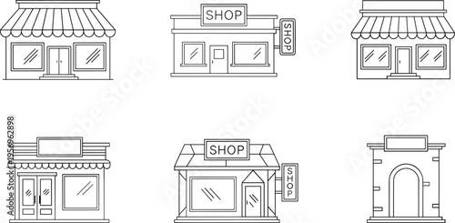 Storefront outline icons set with various shop buildings retail facades minimal line vector illustration collection