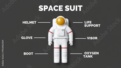 Astronaut space suit labeled diagram with helmet visor life support glove oxygen tank boot