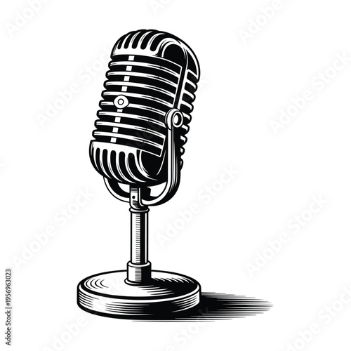 Vintage Retro Microphone Icon Illustration – Classic Radio Broadcast Audio Equipment