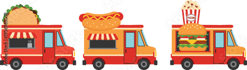 Fast food trucks set with taco hot dog burger and popcorn street food vehicles cartoon vector illustration collection