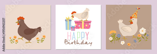 Cute Hen Birthday and Floral Banners Set, Vector Illustration of Chicken with Gifts and Flowers