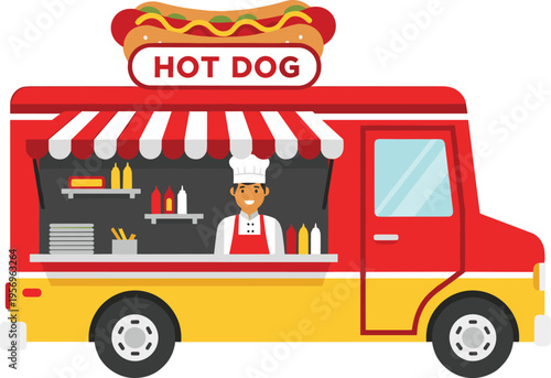 Hot dog food truck with vendor street food concept mobile fast food service vector illustration