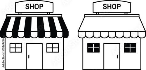 Simple shop storefront outline icons with awnings retail buildings minimal line vector illustration set