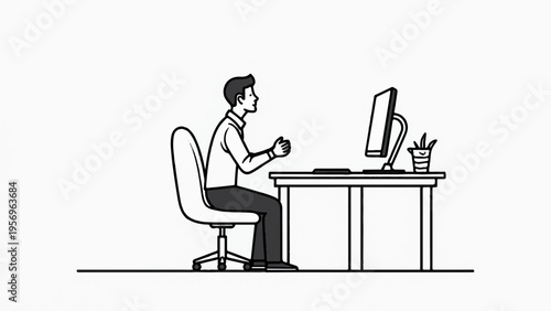 Businessman working on computer at office desk with cup of coffee focused on screen modern workspace