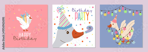 Birthday Party Goose Banners Set, Vector Illustration of Cute Bird with Gift and Lights